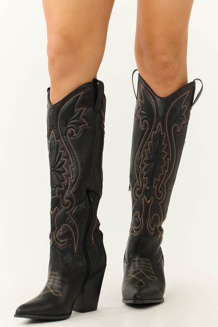 Black Knee High Embroidered Western Boots