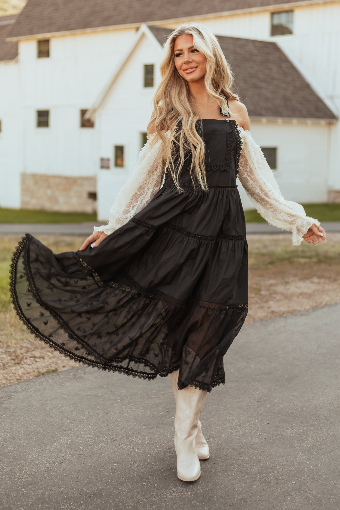 Black Lace Tiered Overalls Maxi Dress