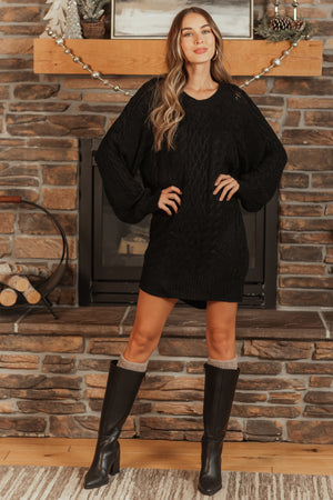 Black Long Balloon Sleeve Short Sweater Dress