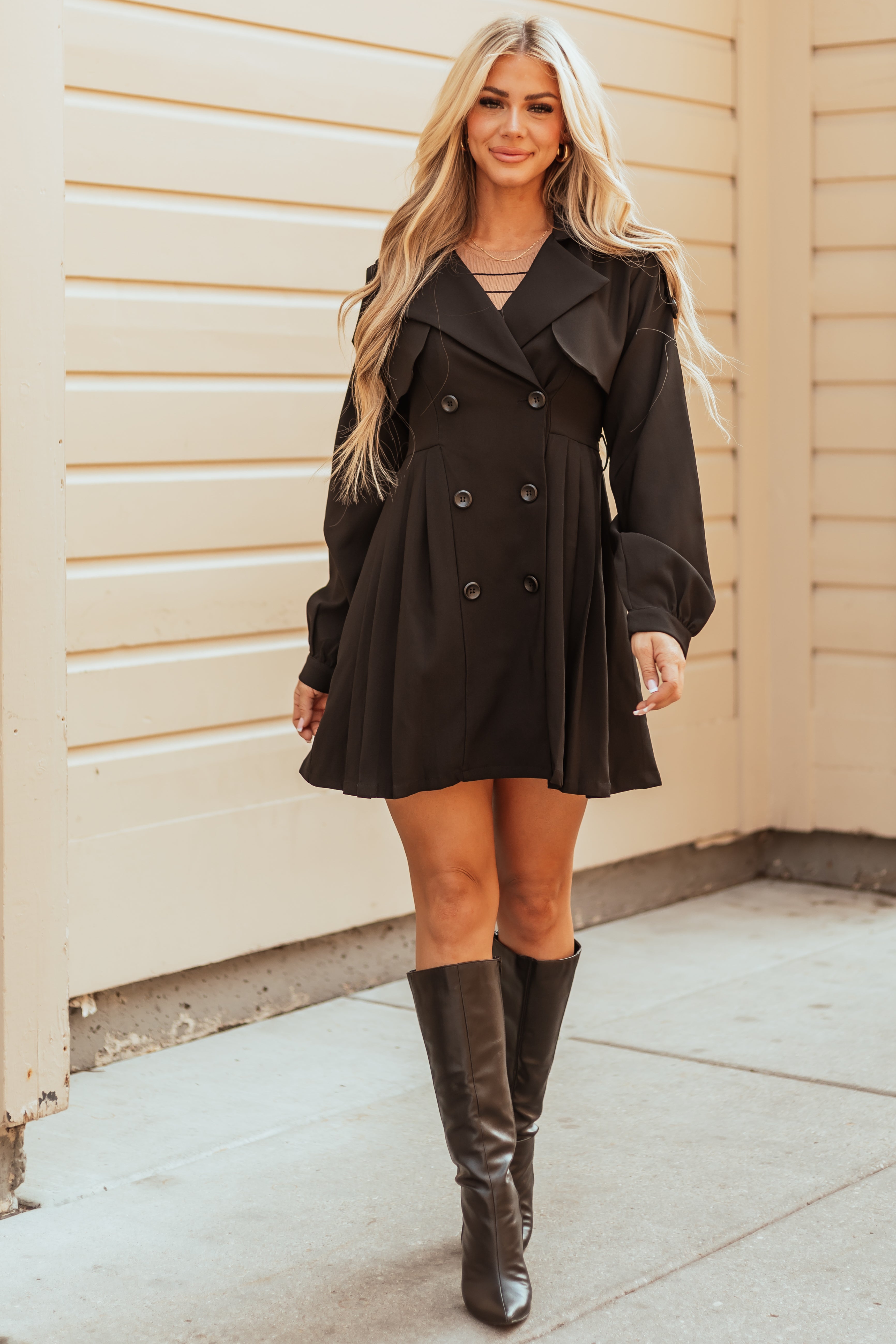 Black Long Sleeve Button Down Trench Coat Dress