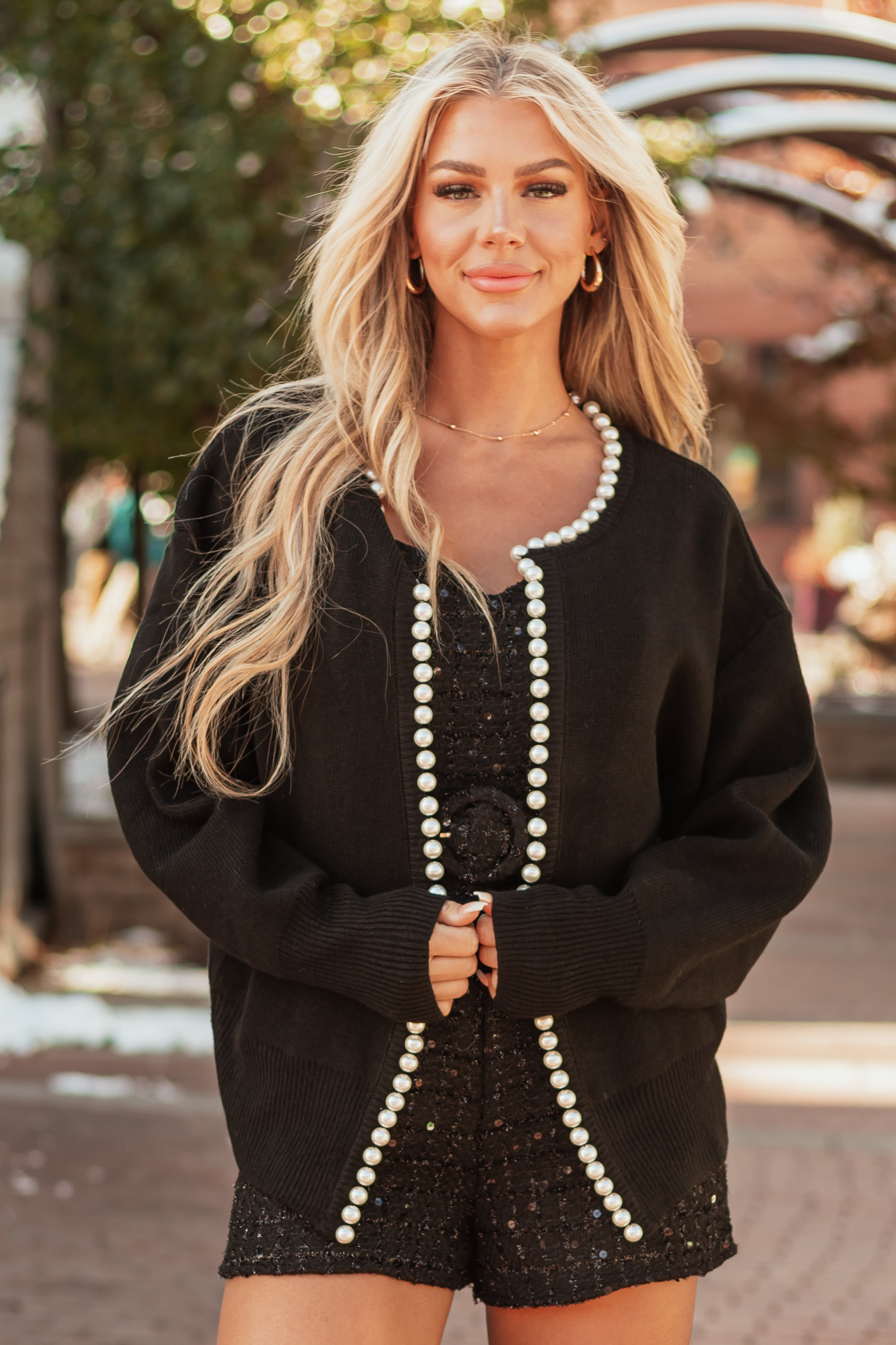 Black Long Sleeve Pearl Trim Open Cardigan