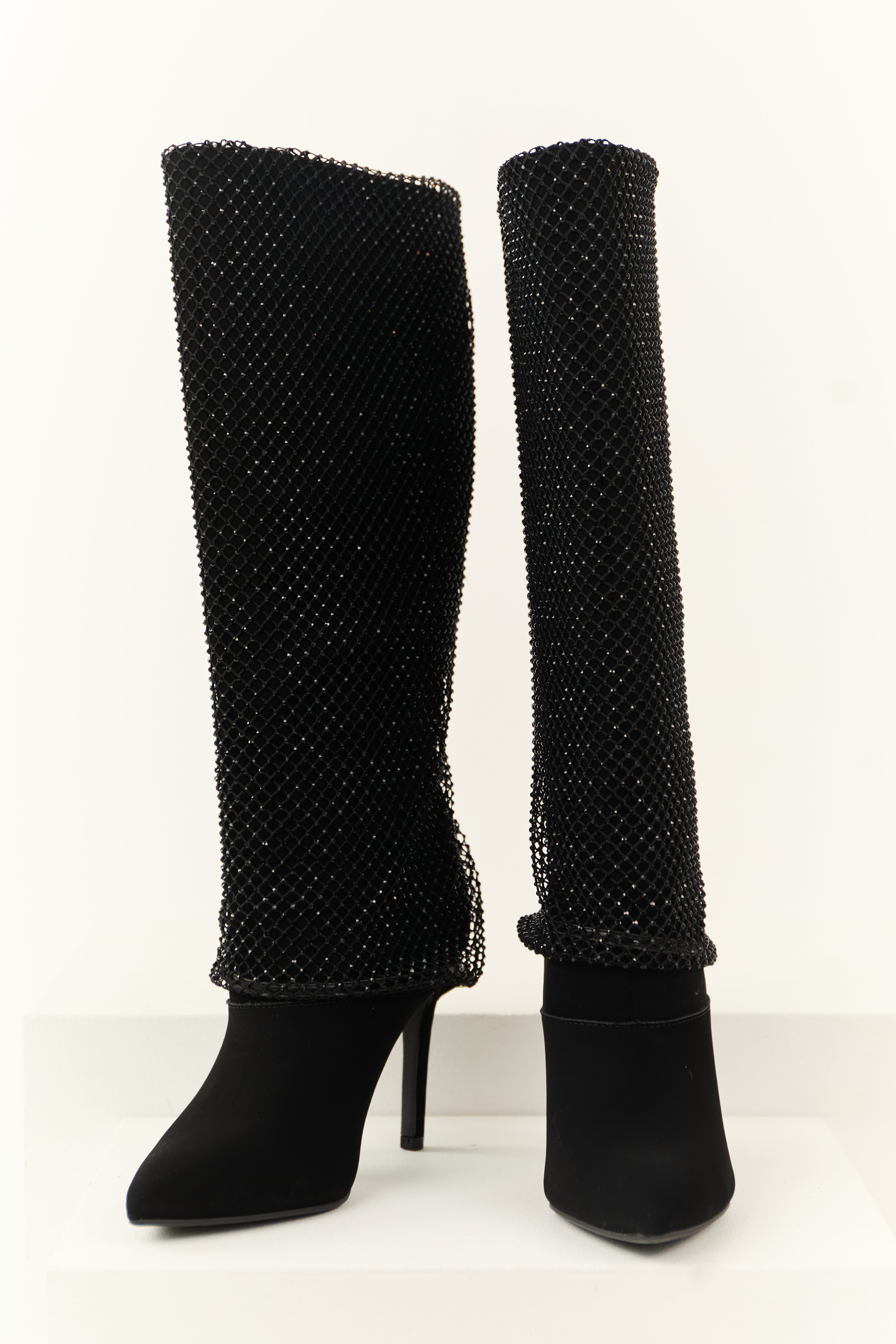 Black Mesh Overlay Stiletto Knee High Boots