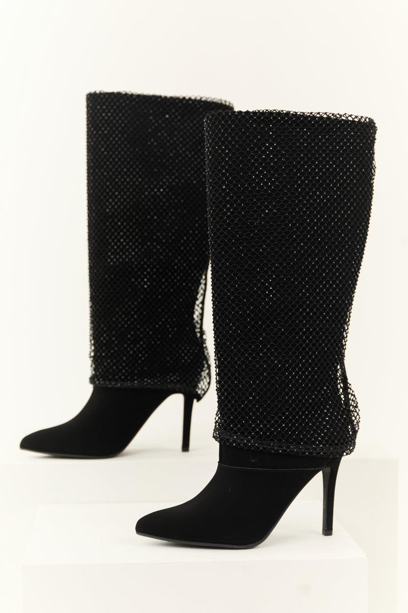 Black Mesh Overlay Stiletto Knee High Boots