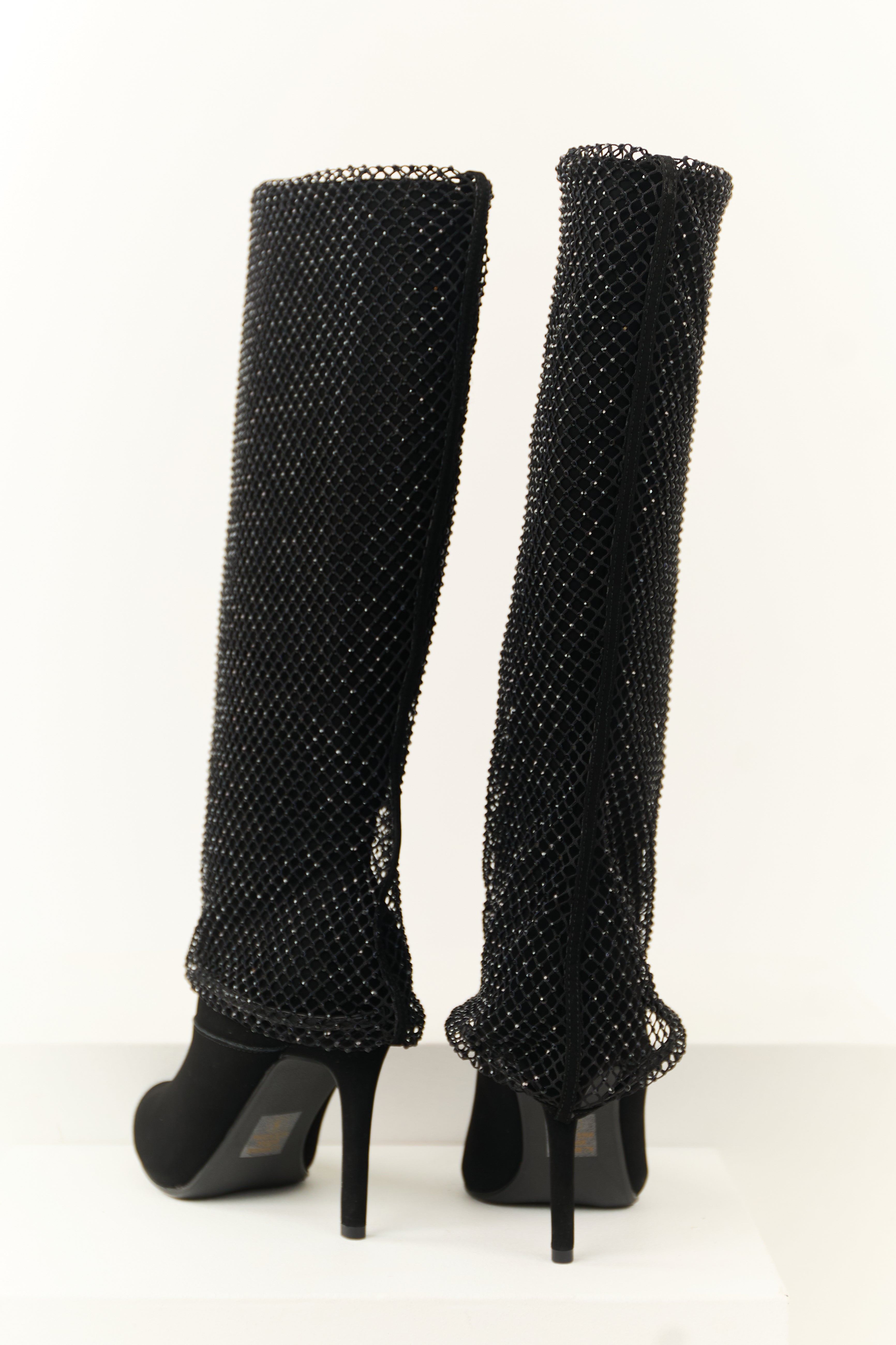 Black Mesh Overlay Stiletto Knee High Boots