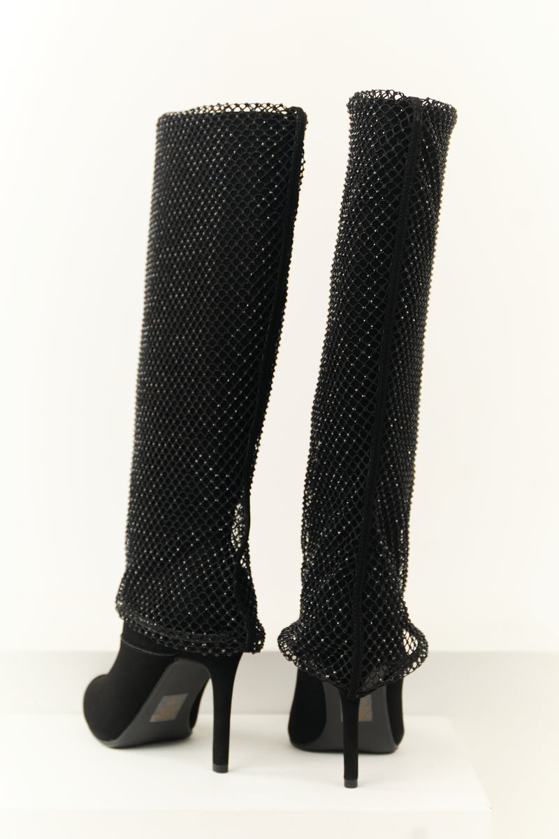 Black Mesh Overlay Stiletto Knee High Boots