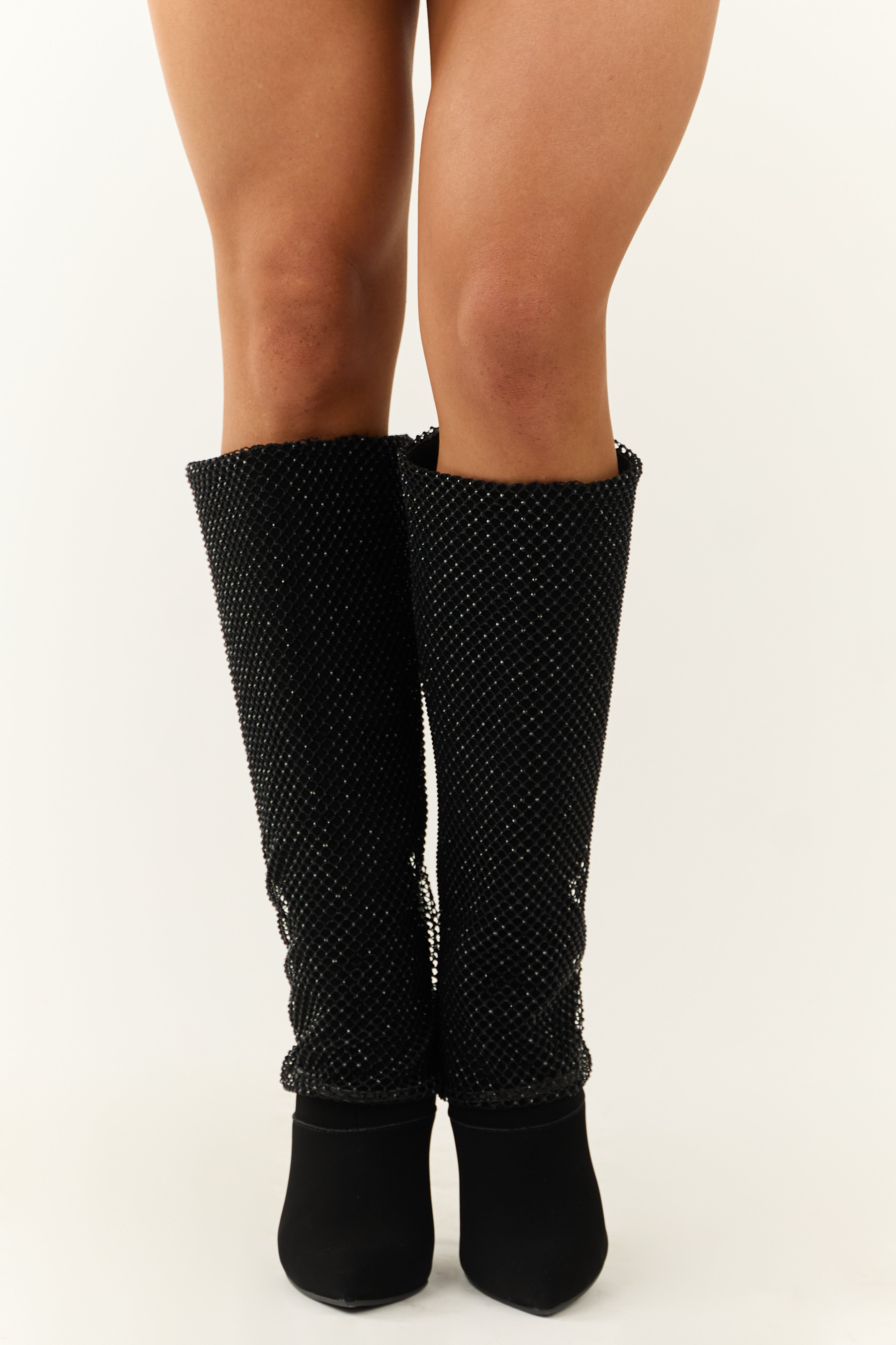 Black Mesh Overlay Stiletto Knee High Boots