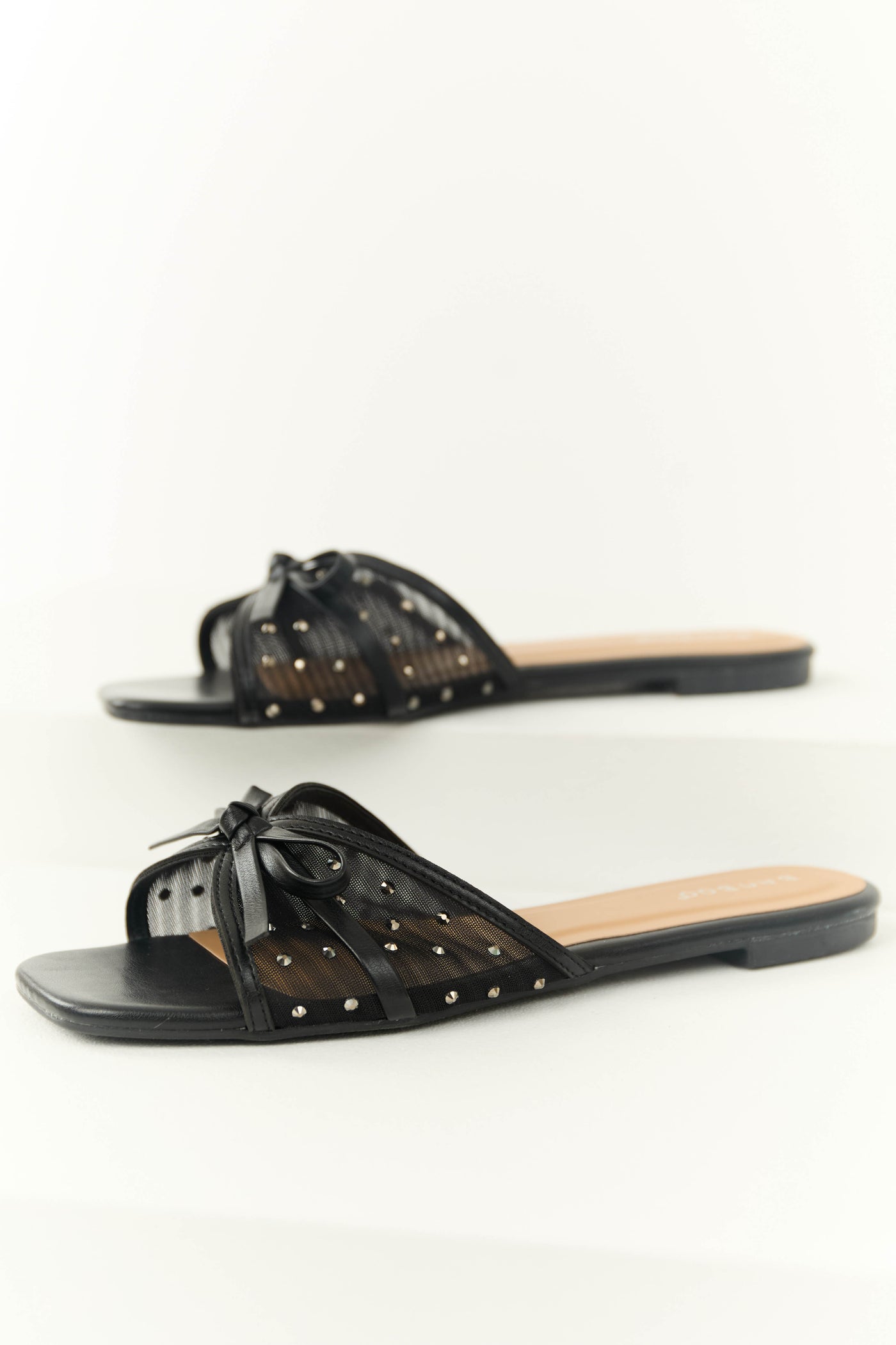 Black Mesh Rhinestone Strap Slip On Sandals