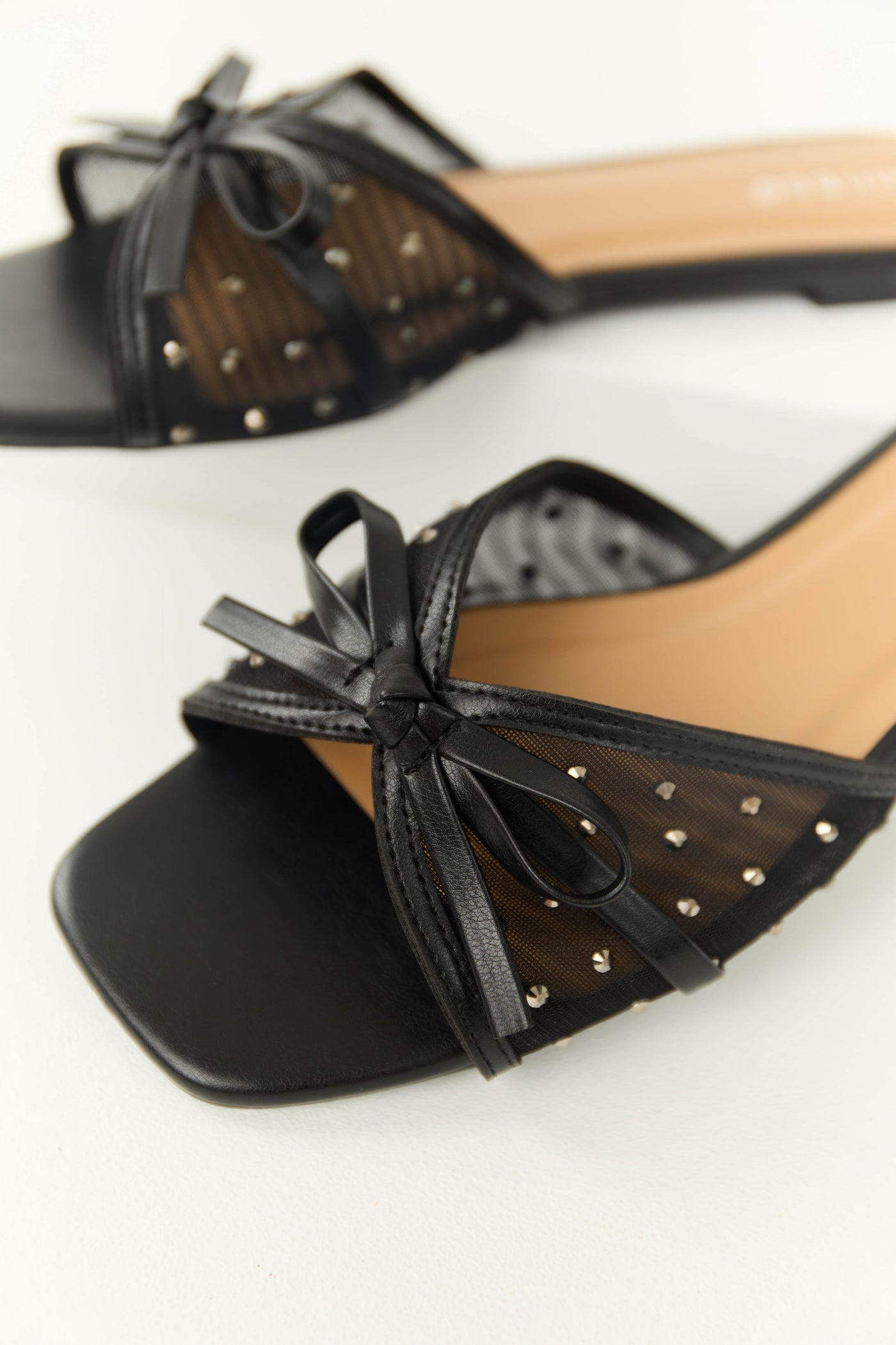 Black Mesh Rhinestone Strap Slip On Sandals