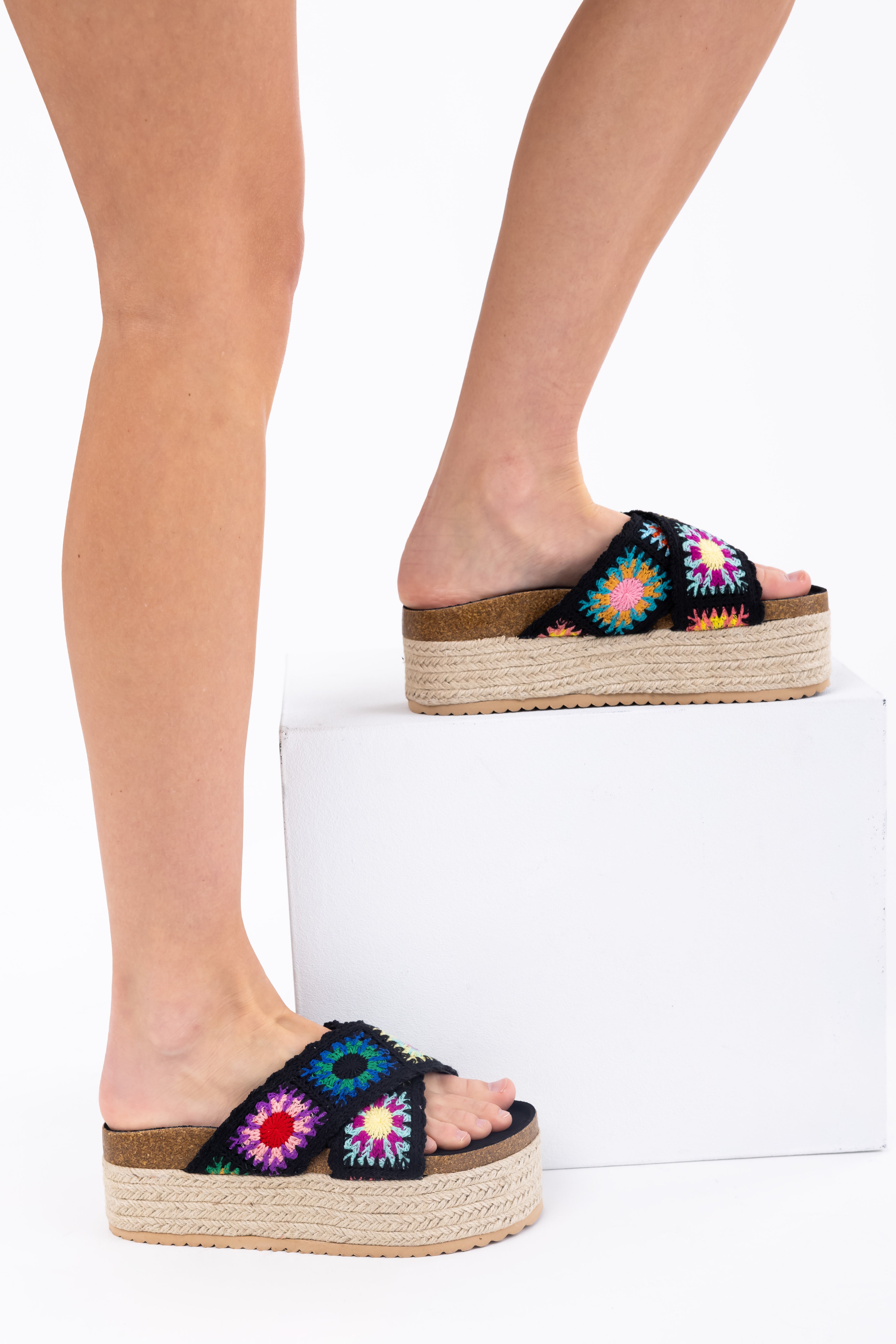 Black Multicolor Crochet Espadrille Sandals