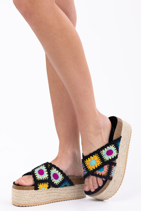 Black Multicolor Crochet Espadrille Sandals