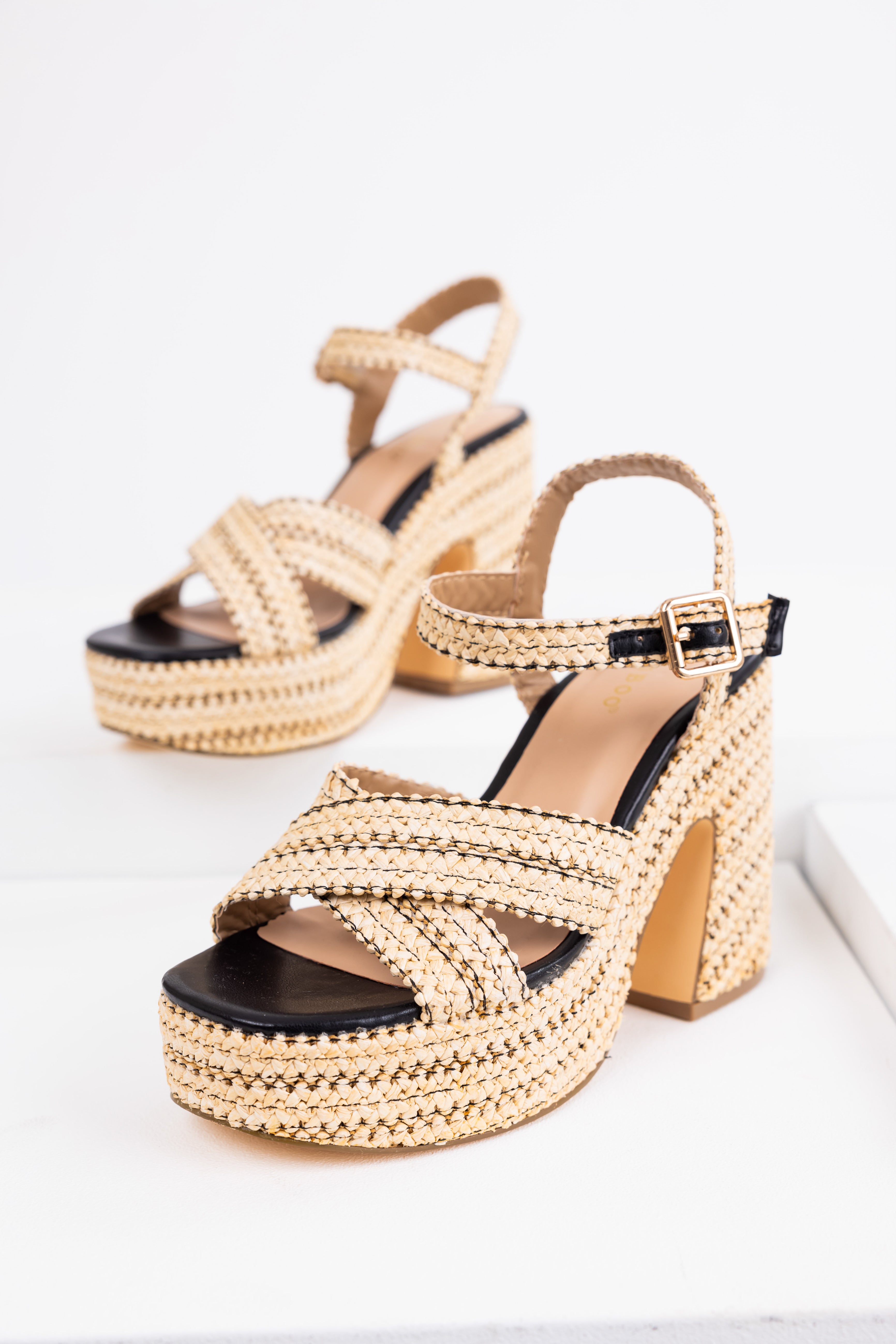 Black Natural Raffia Cross Strap Platform Heels