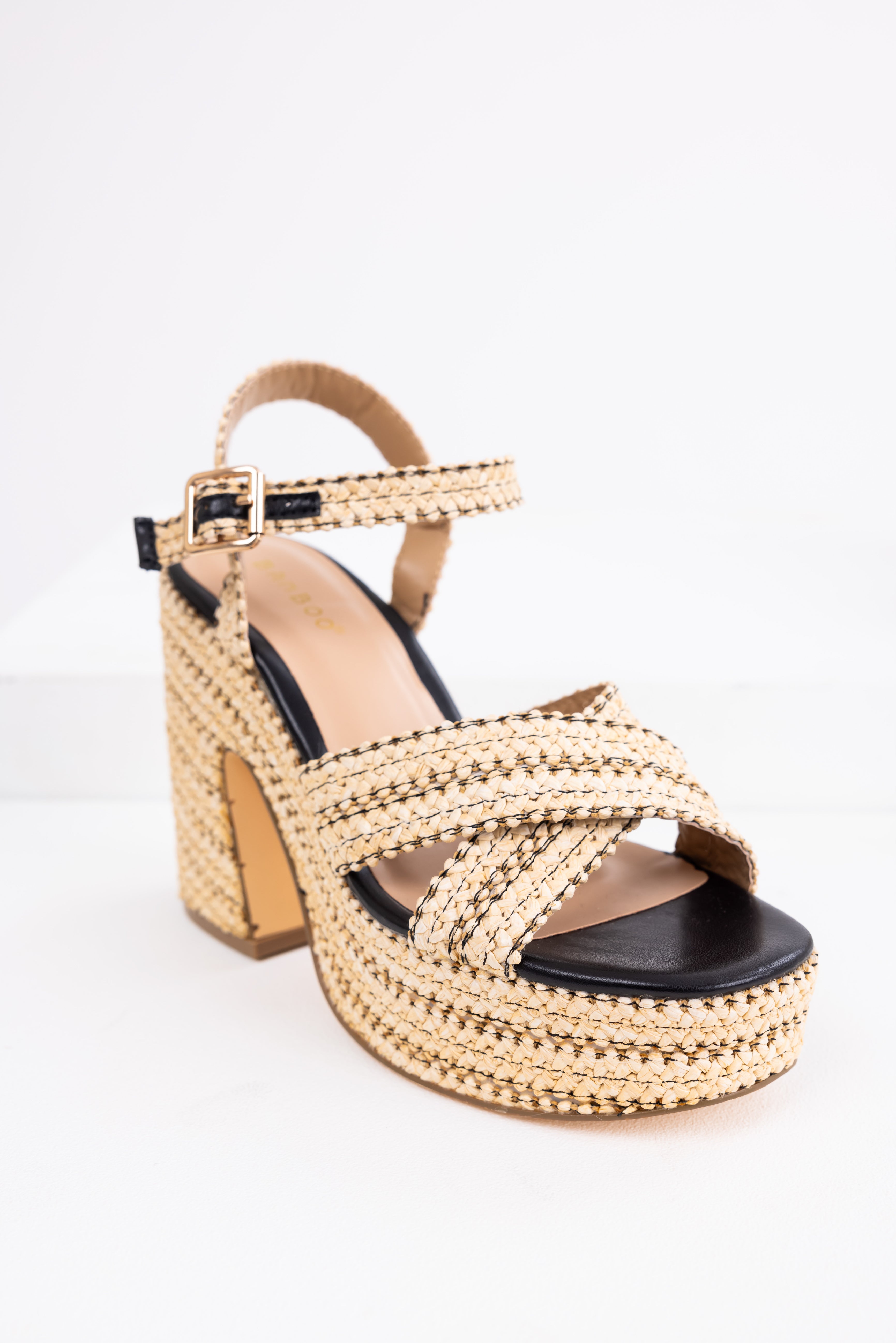 Black Natural Raffia Cross Strap Platform Heels