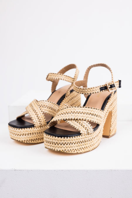 Black Natural Raffia Cross Strap Platform Heels