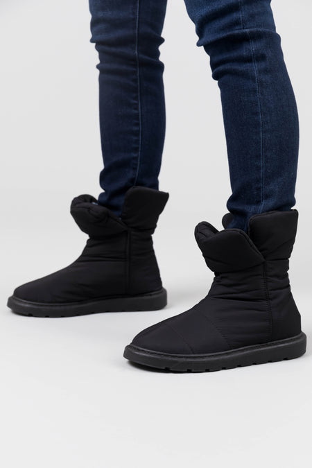 Black Nylon Quilted Treaded Sole Boots