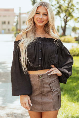 Black Off Shoulder Smocked Cropped Blouse