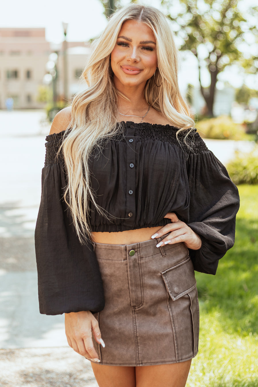 Black Off Shoulder Smocked Cropped Blouse