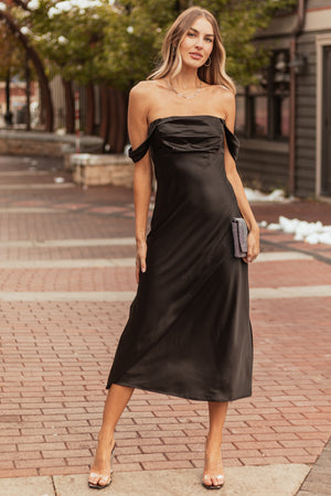 Black Off the Shoulder Satin Ruched Midi Dress