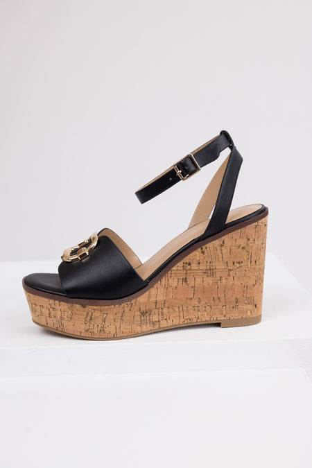 Black Open Toe Wedges with Gold Buckle Detail