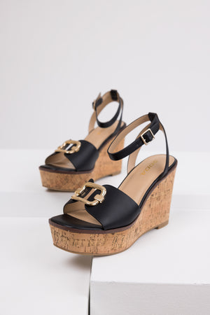 Black Open Toe Wedges with Gold Buckle Detail