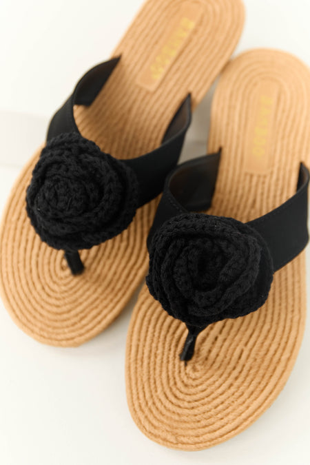 Black Open Toed Crochet Flower Woven Sandals