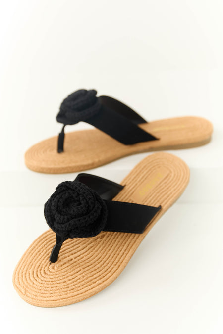 Black Open Toed Crochet Flower Woven Sandals