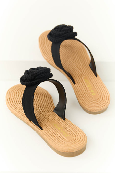 Black Open Toed Crochet Flower Woven Sandals