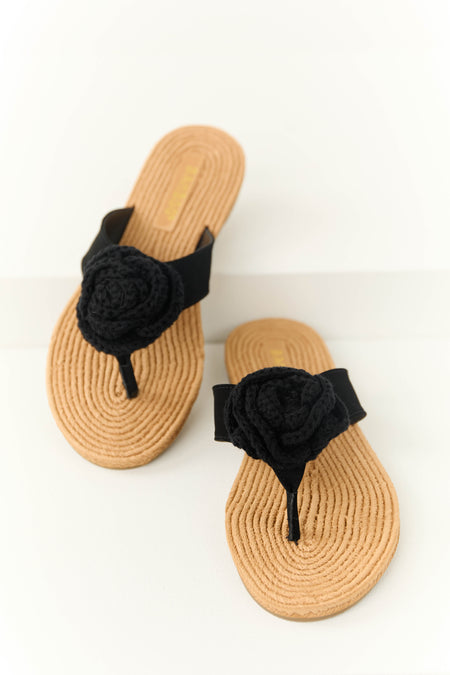 Black Open Toed Crochet Flower Woven Sandals