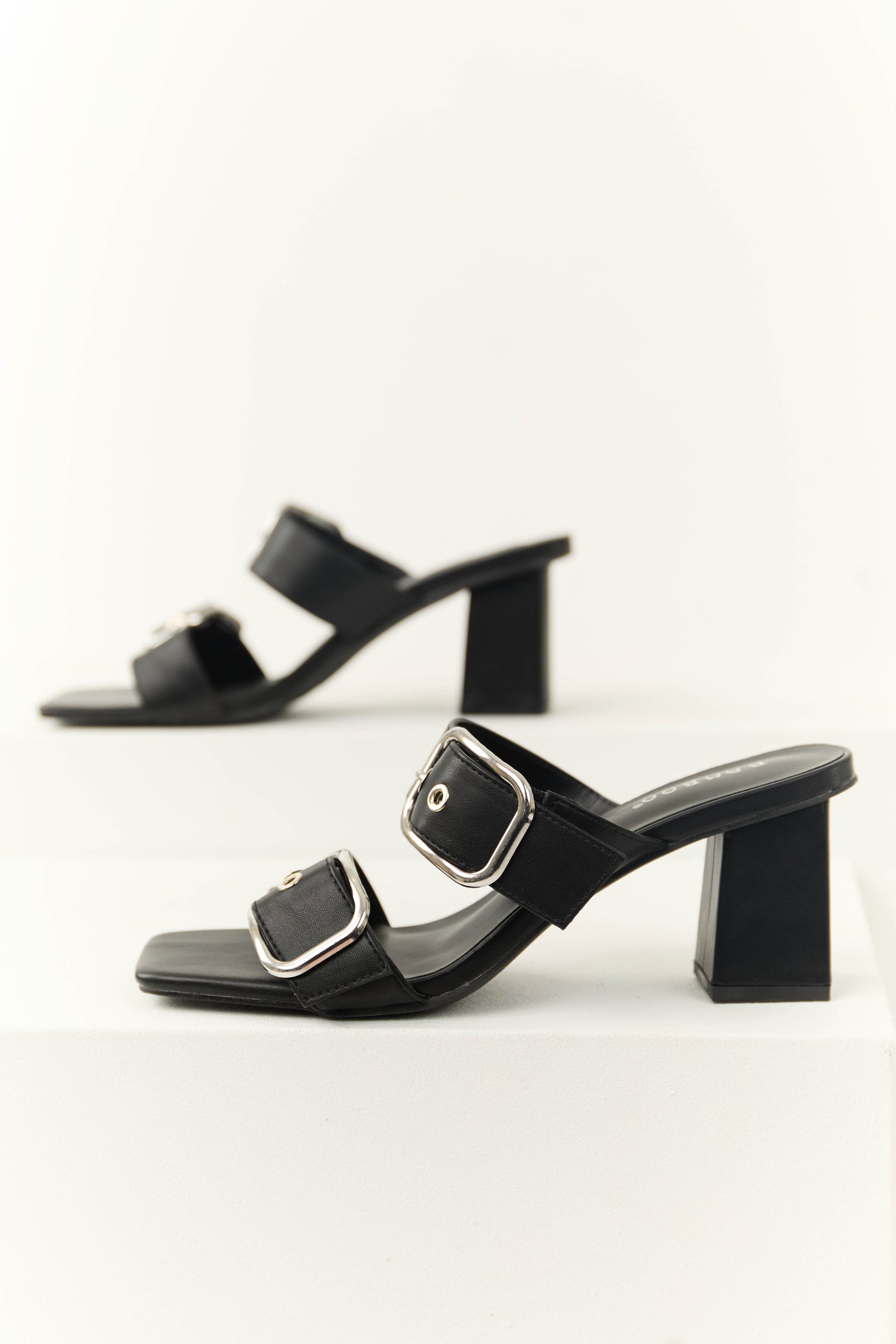 Black Open Toed Double Buckle Strap Heels