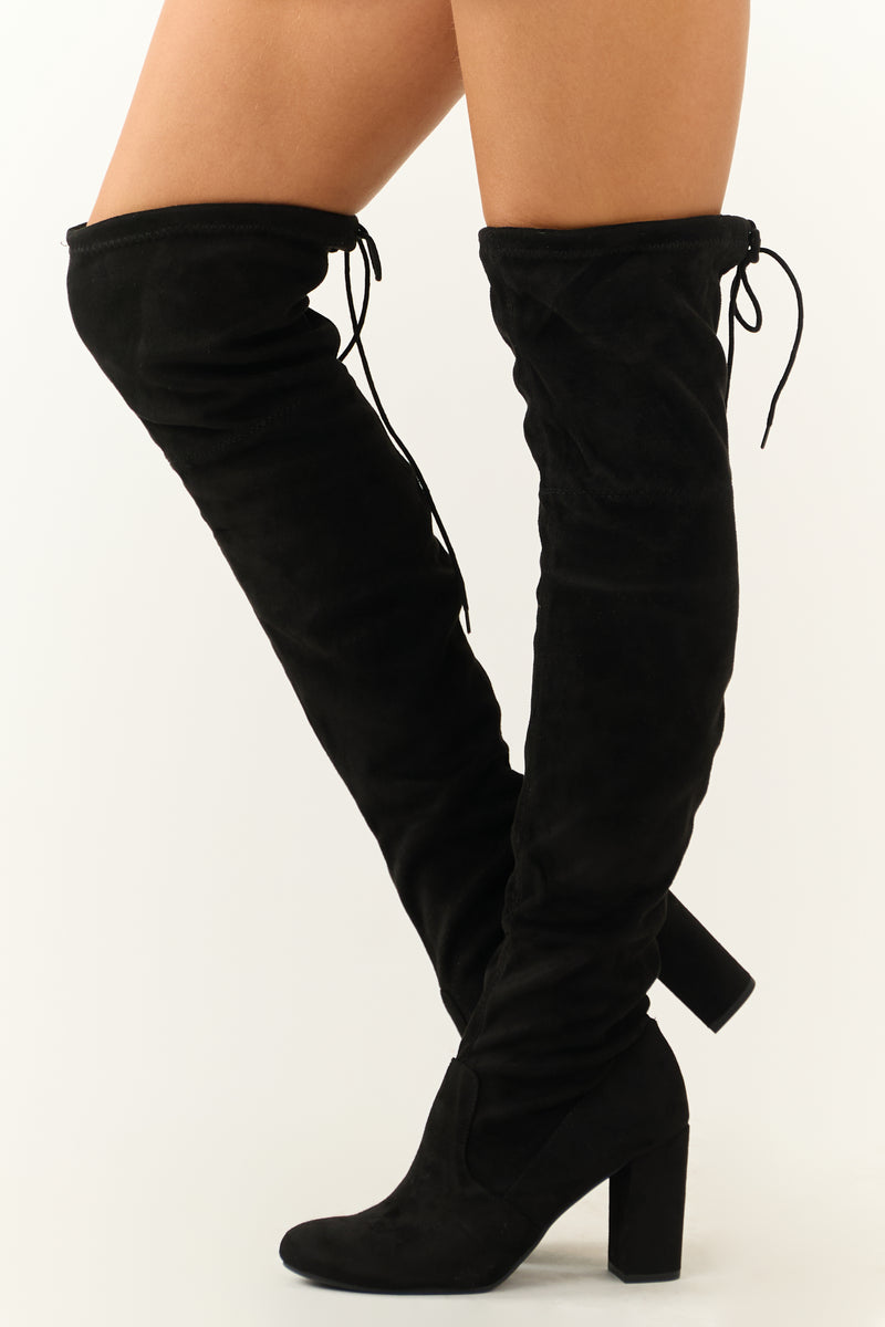 Black Over the Knee Microsuede Drawstring Boots