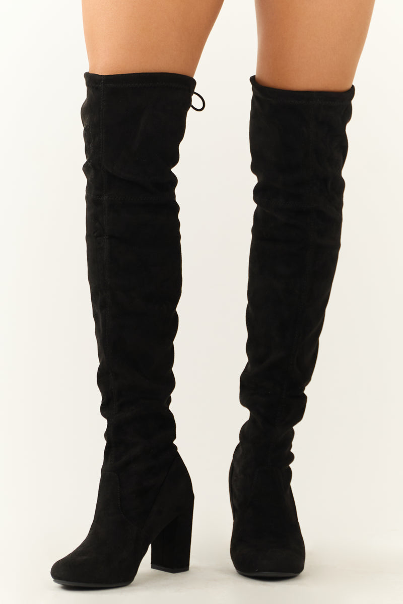 Black Over the Knee Microsuede Drawstring Boots