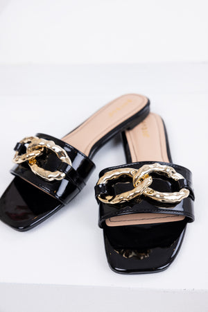 Black Patent Leather Link Chain Flat Sandals