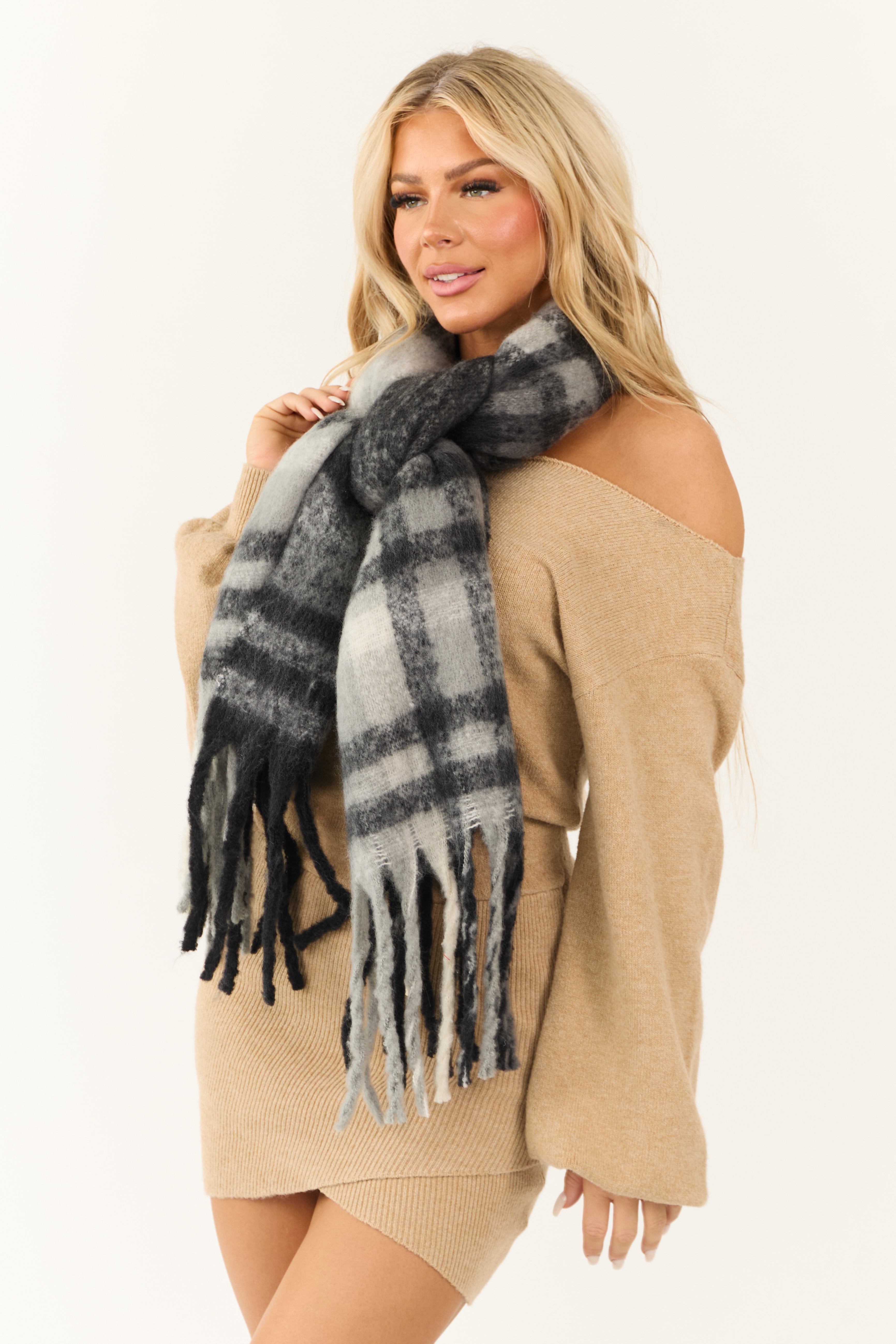 Black Plaid Oversized Fringe End Scarf