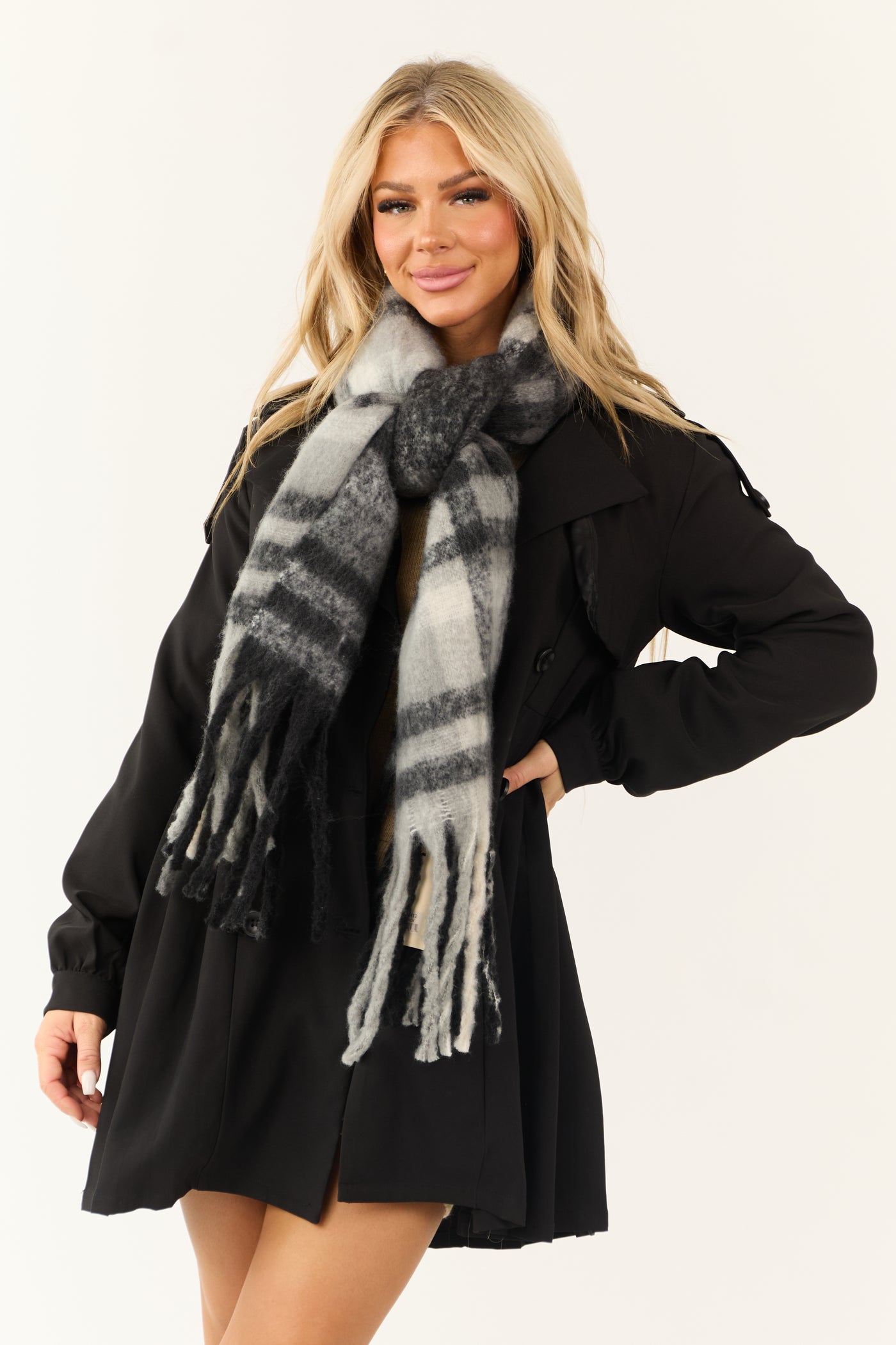 Black Plaid Oversized Fringe End Scarf