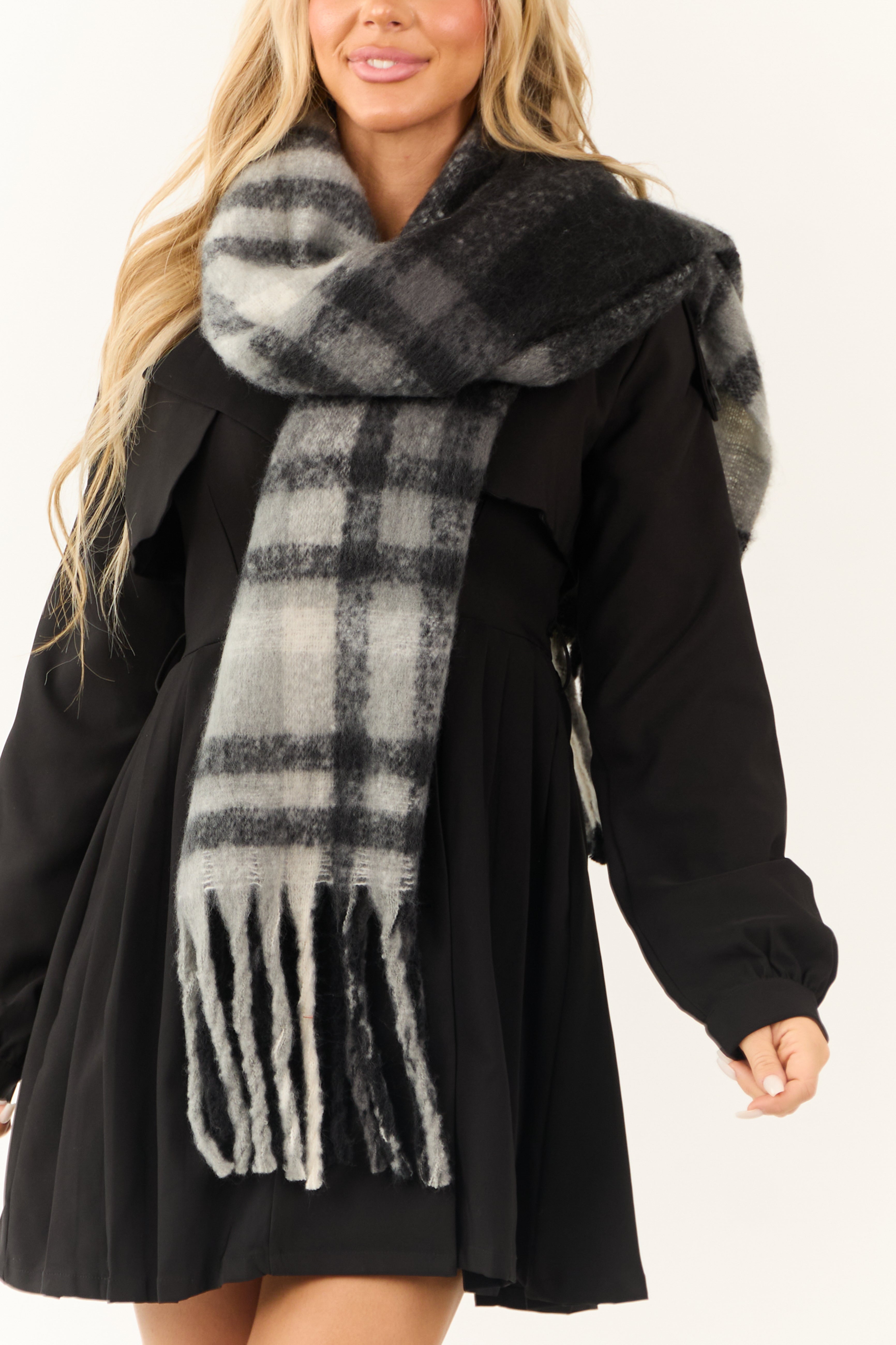 Black Plaid Oversized Fringe End Scarf