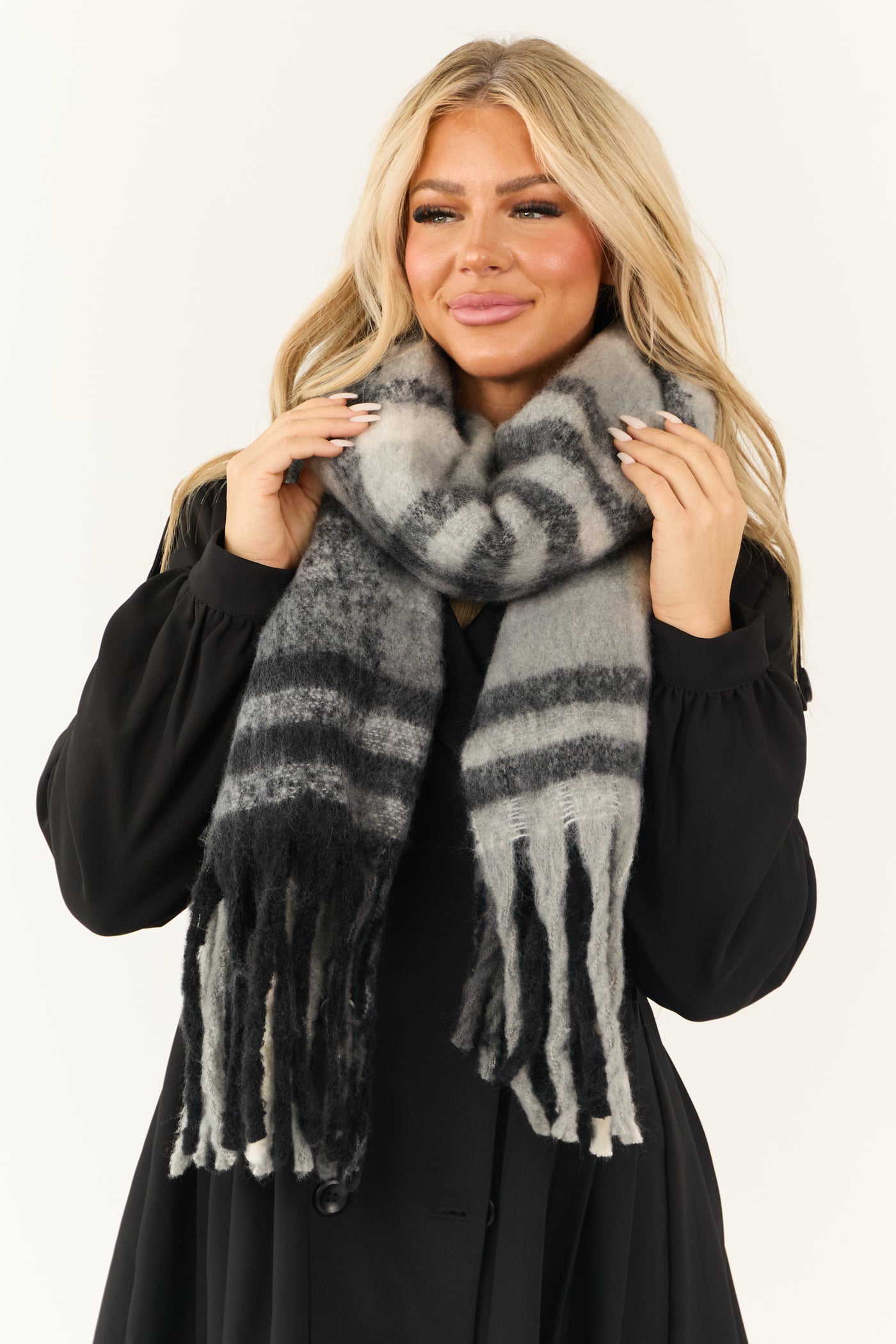 Black Plaid Oversized Fringe End Scarf