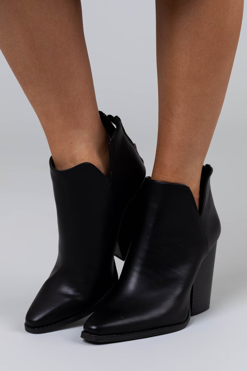 Black Pleather Pointed Toe Notched Side Booties