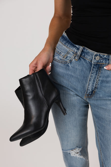 Black Pleather Pointed Toe Stiletto Booties