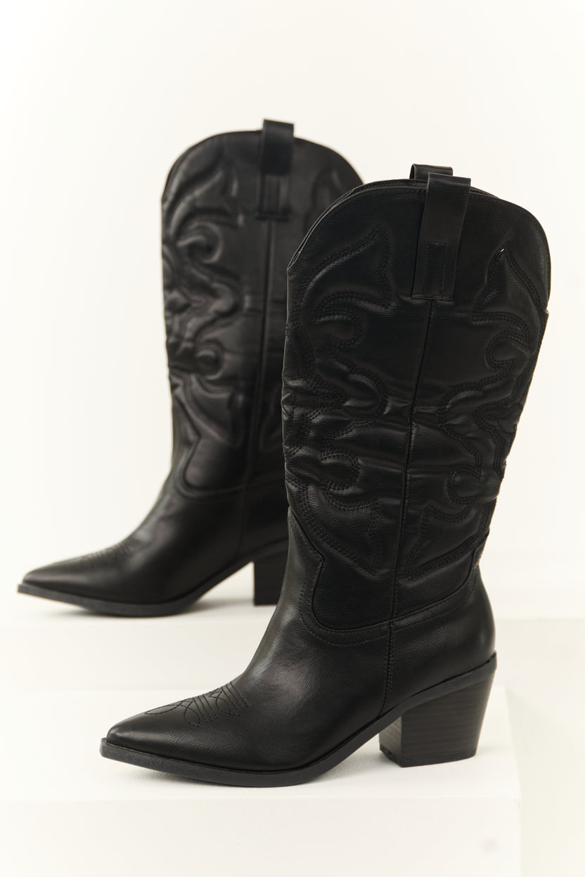 Black Faux Leather Pointed Toe Western Boots