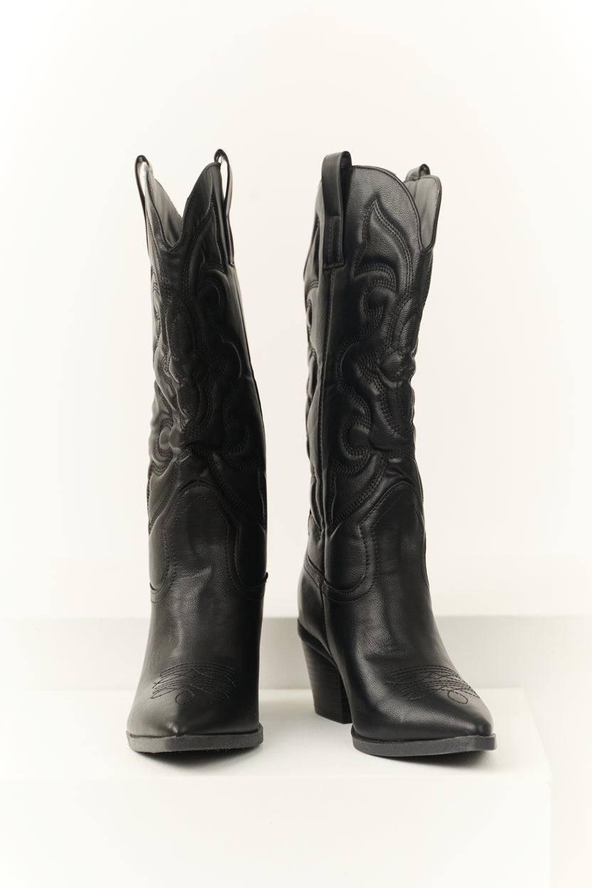 Black Faux Leather Pointed Toe Western Boots