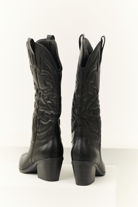 Black Faux Leather Pointed Toe Western Boots