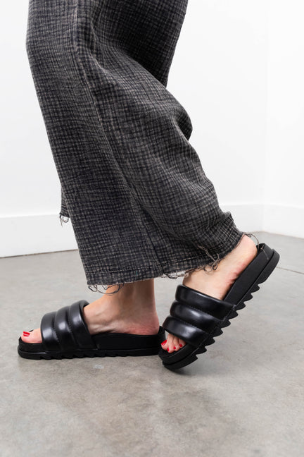 Black Pleather Puffy Band Slide Sandals