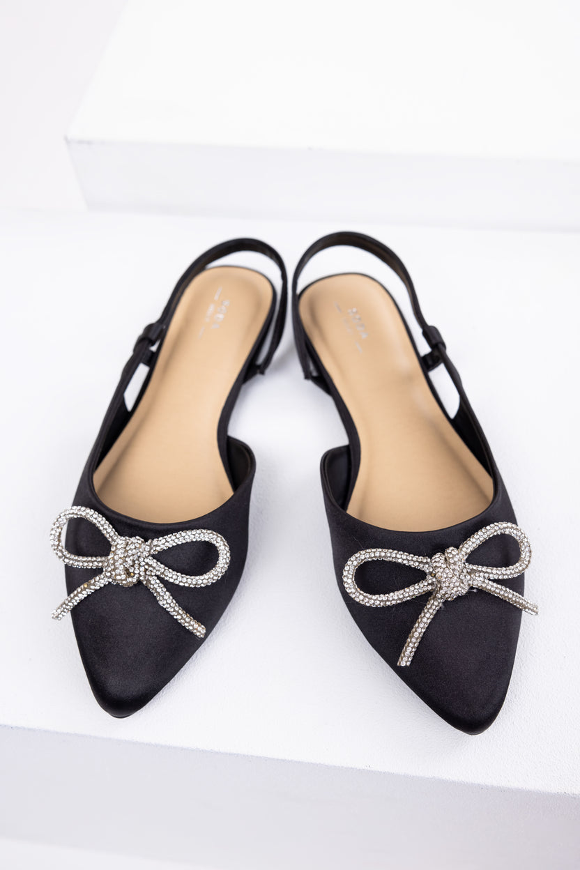 Black Pointed Toe Rhinestone Bow Flat Shoes