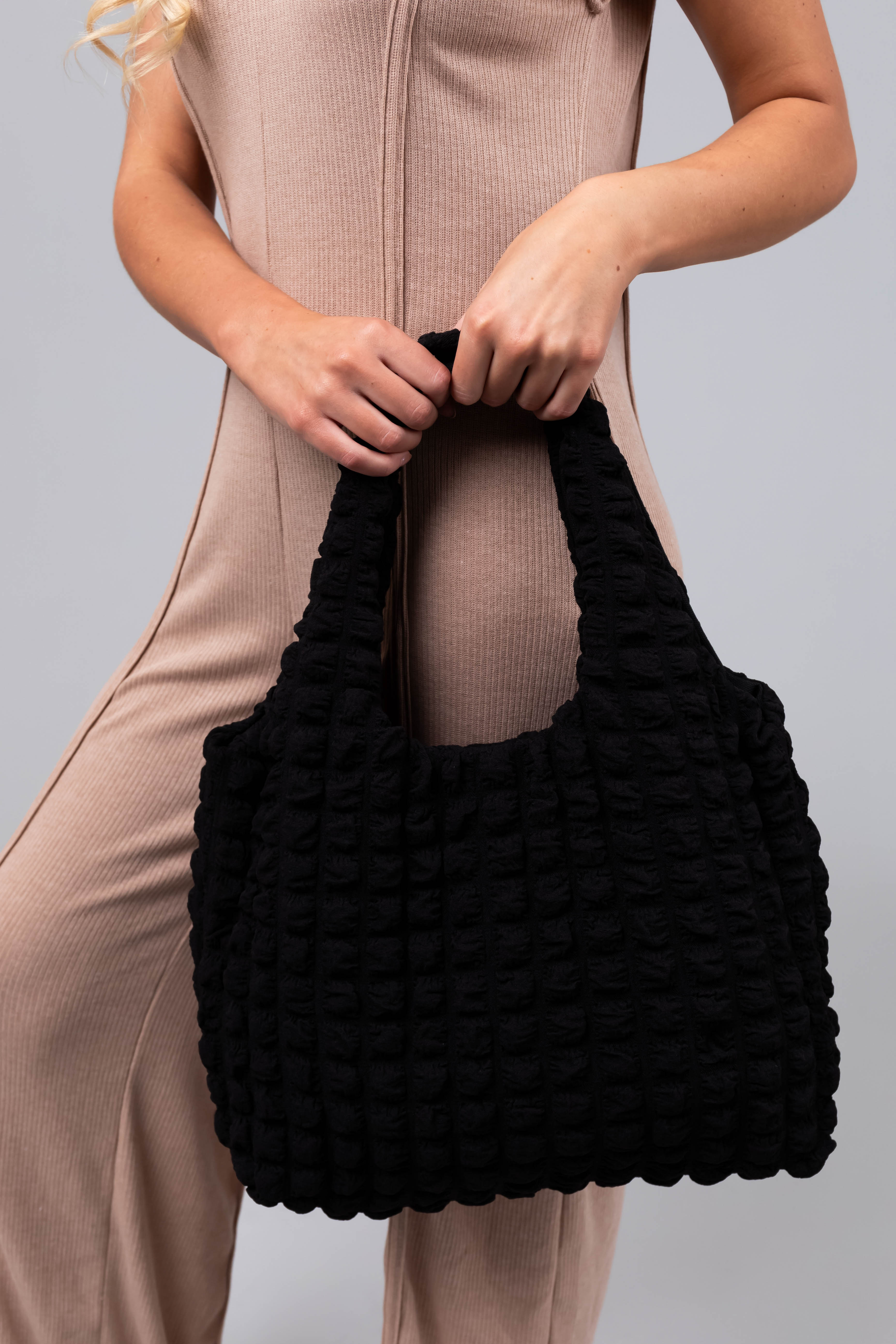 Black Puff Square Textured Handbag