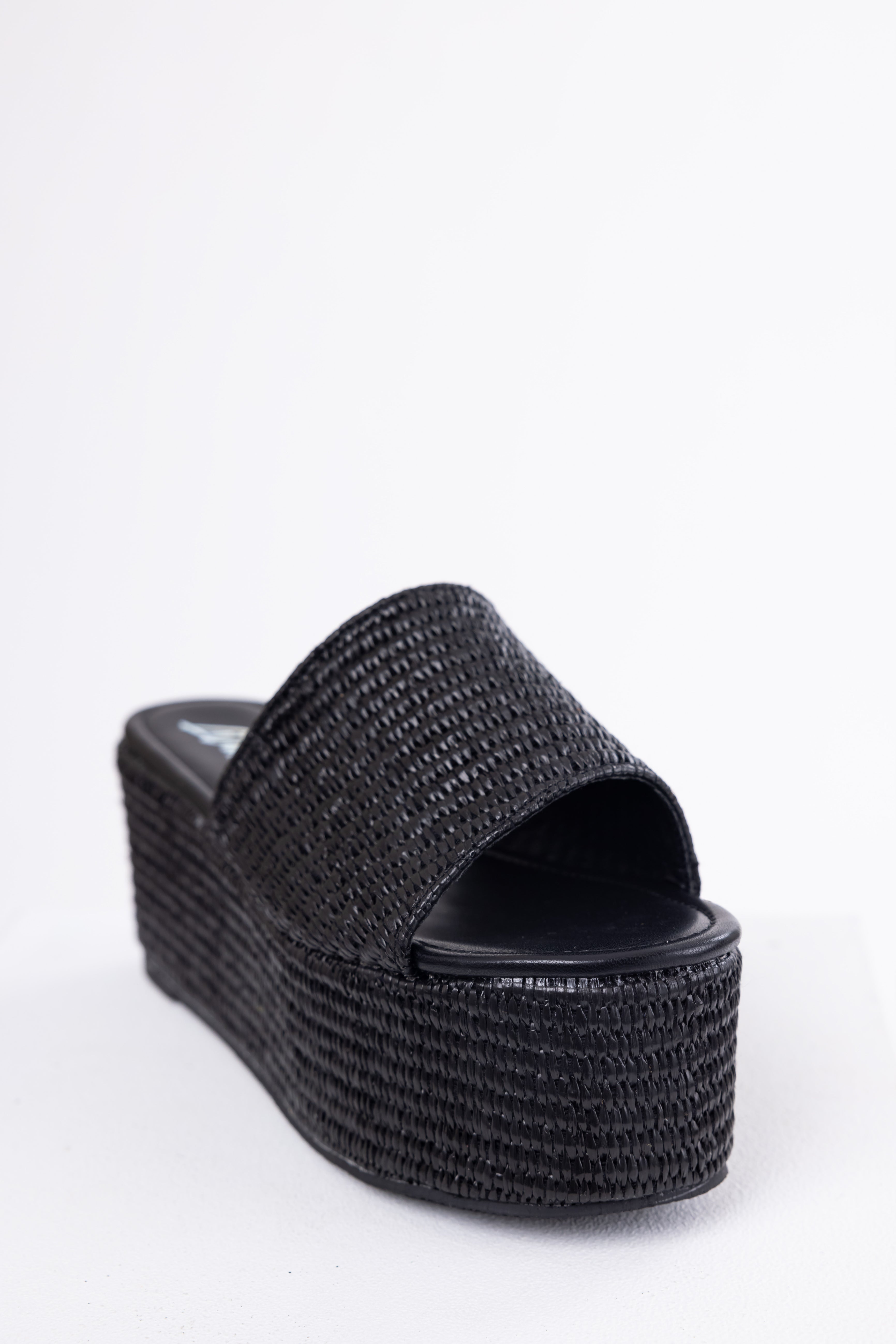 Black Raffia Woven Platform Slide Sandals