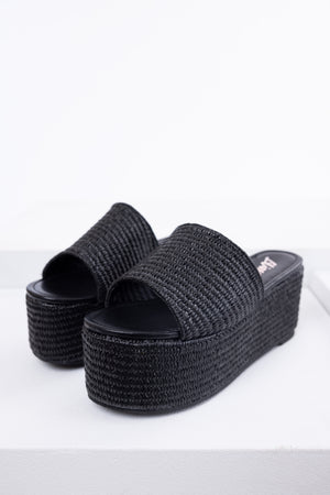 Black Raffia Woven Platform Slide Sandals