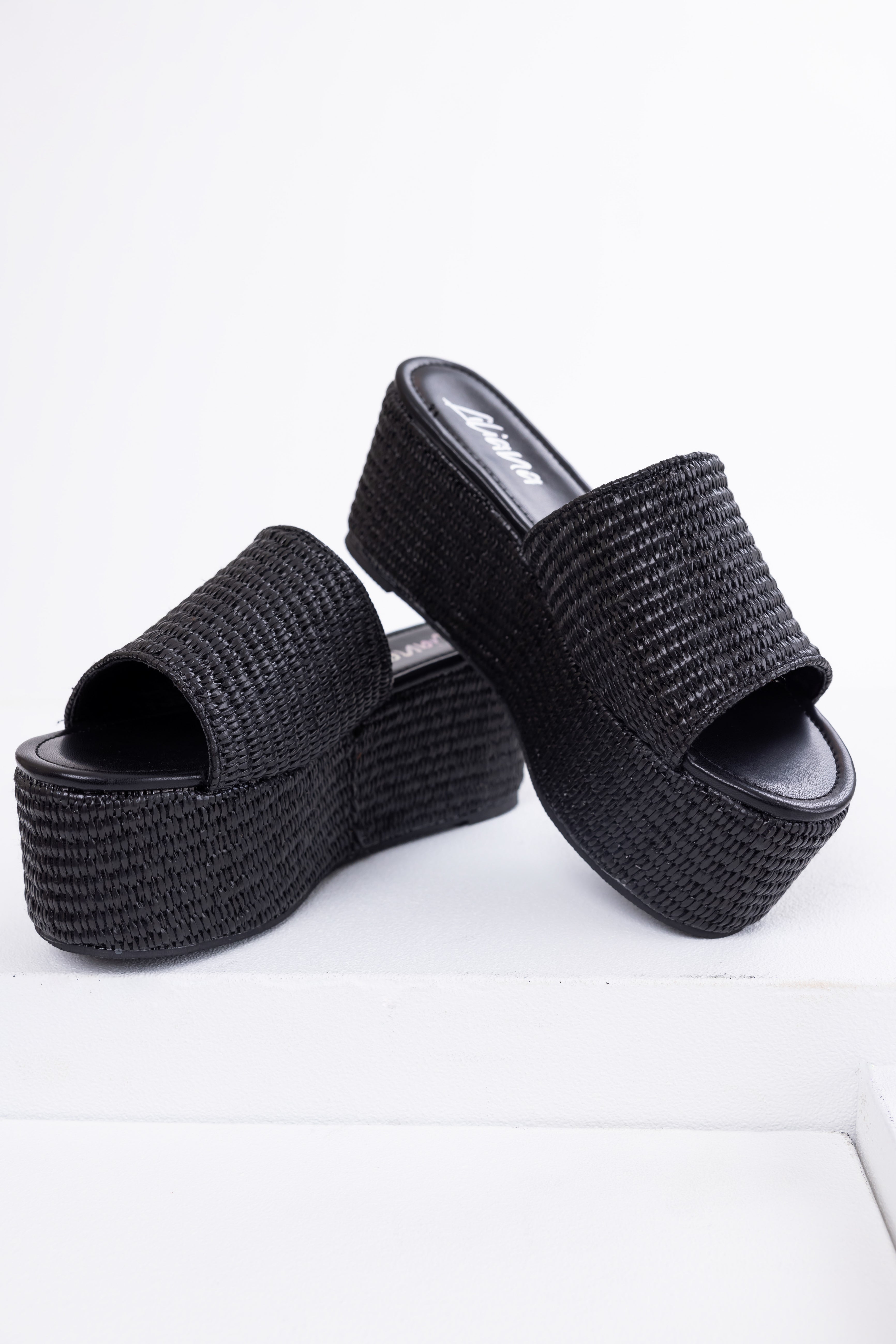 Black Raffia Woven Platform Slide Sandals