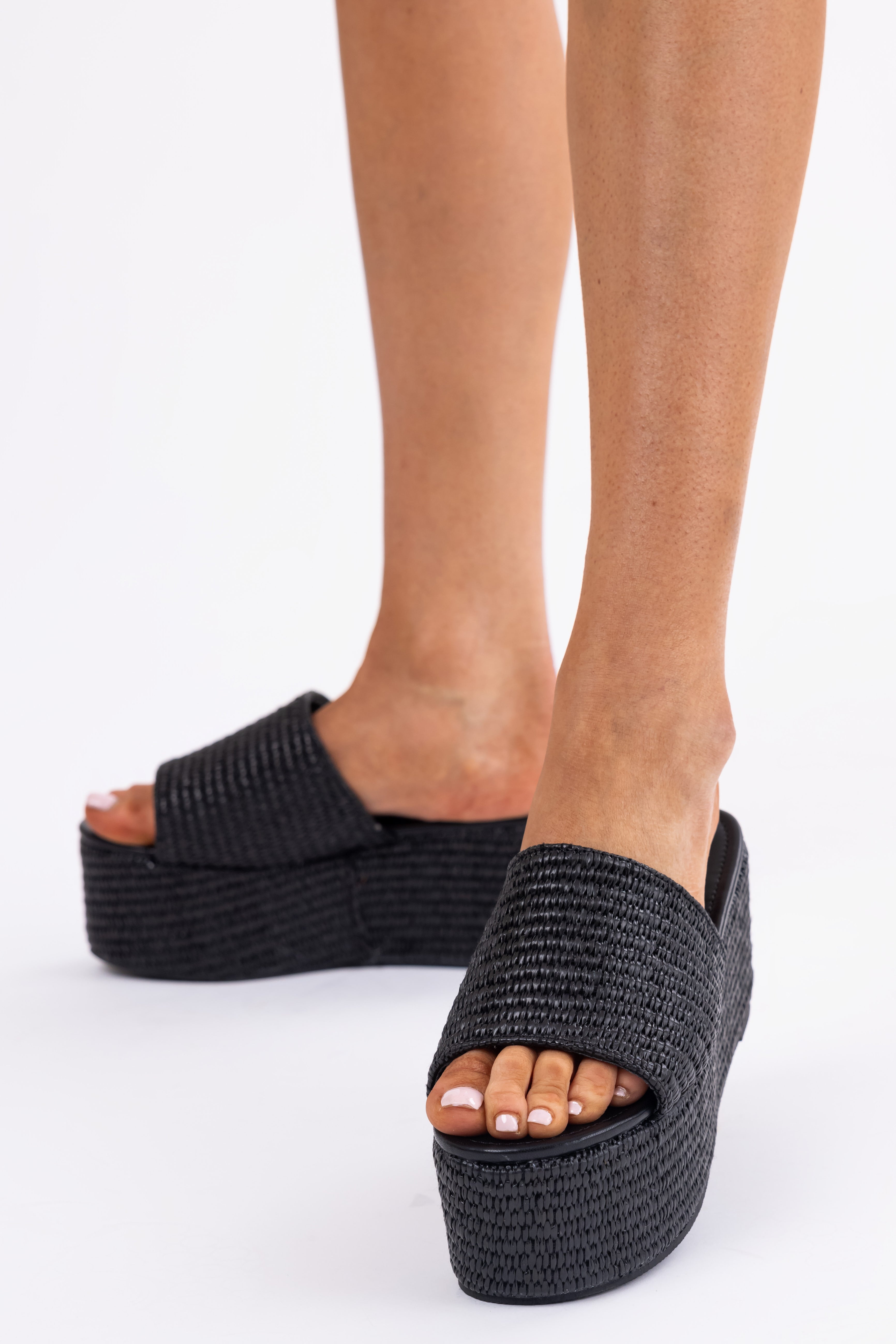 Black Raffia Woven Platform Slide Sandals