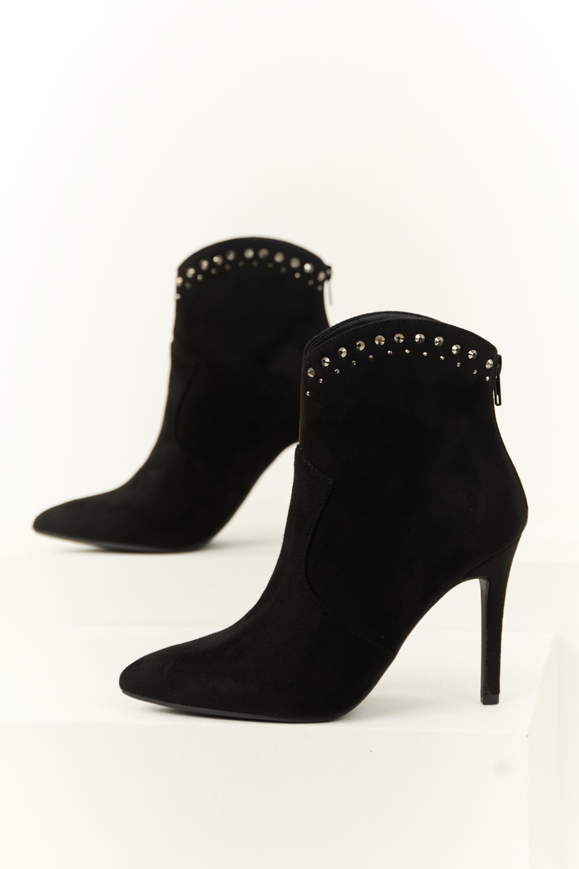 Black Rhinestone Detail High Heel Ankle Booties