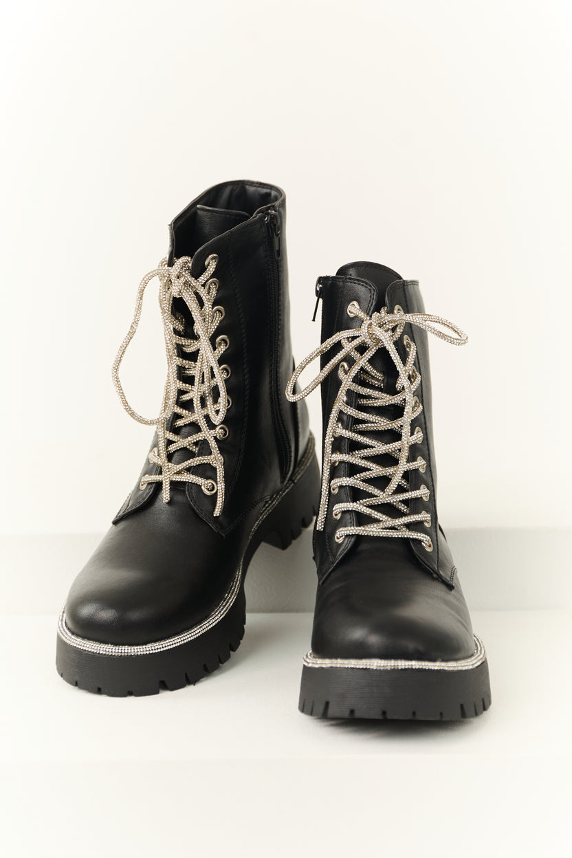 Black Rhinestone Detail Platform Combat Boots