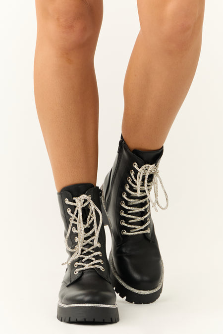 Black Rhinestone Detail Platform Combat Boots